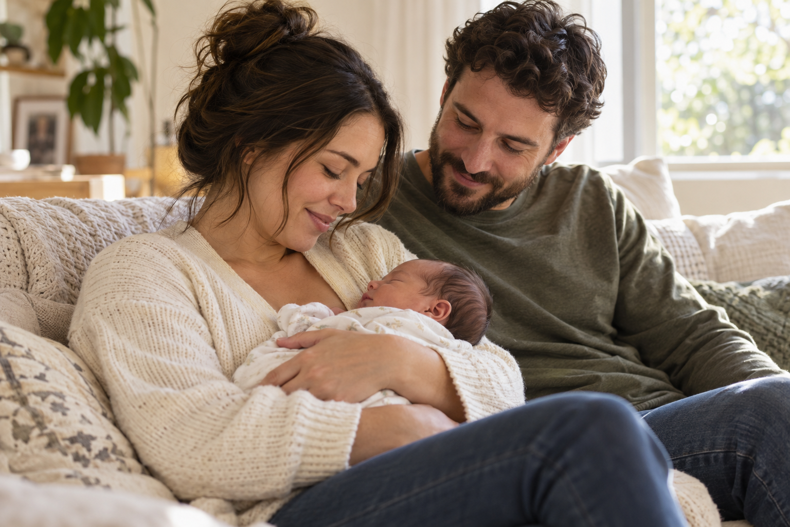 Two parents sharing a quiet moment with their newborn